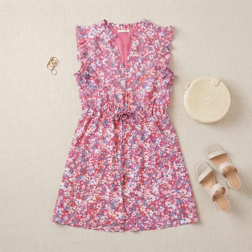 Doe and Rae Floral Mini Dress Womens Medium Pink Ruffle Sleeveless Cottagecore